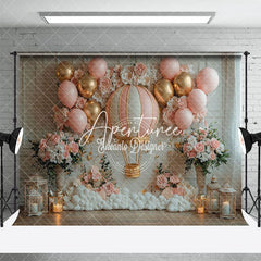 Aperturee - Aperturee Floral Pink White Hot Air Balloon Birthday Backdrop