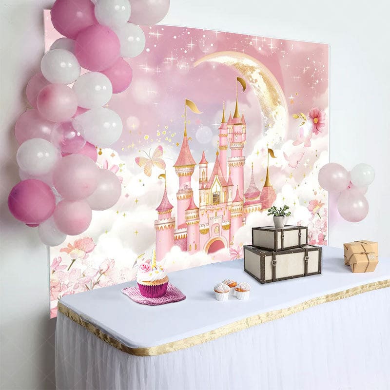 Aperturee - Aperturee Floral Pink Wonderland Night Castle Cloud Backdrop