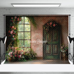 Aperturee - Aperturee Floral Plant Retro Pink Door Window Photo Backdrop