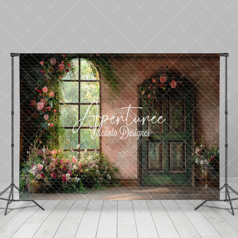 Aperturee - Aperturee Floral Plant Retro Pink Door Window Photo Backdrop