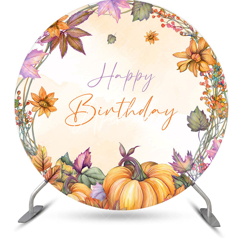 Aperturee - Aperturee Floral Pumpkins Maple Round Happy Birthday Backdrop