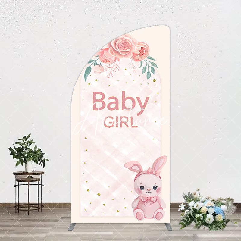 Aperturee - Aperturee Floral Rabbit Baby Girl Gender Reveal Half Moon Arch Backdrop