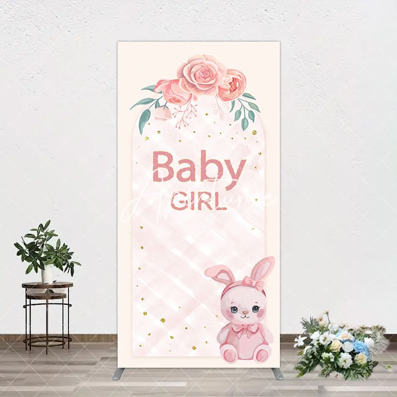 Aperturee - Aperturee Floral Rabbit Baby Girl Gender Reveal Rectangle Backdrop