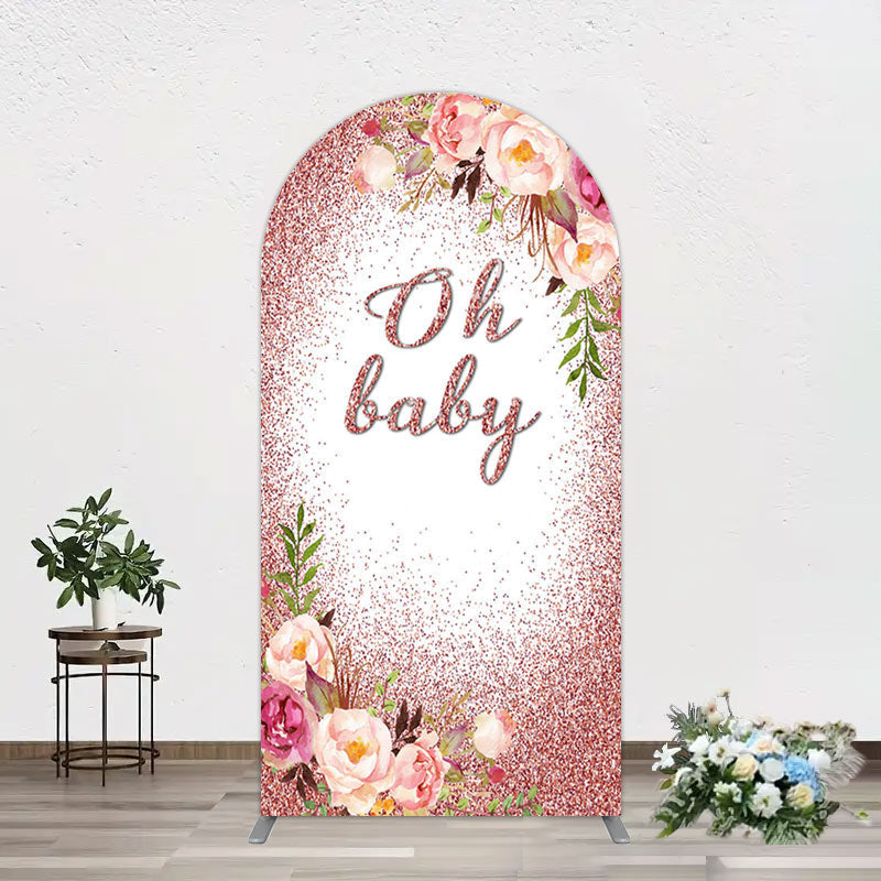 Aperturee - Aperturee Floral Rose Gold Glitter Arch Baby Shower Backdrop