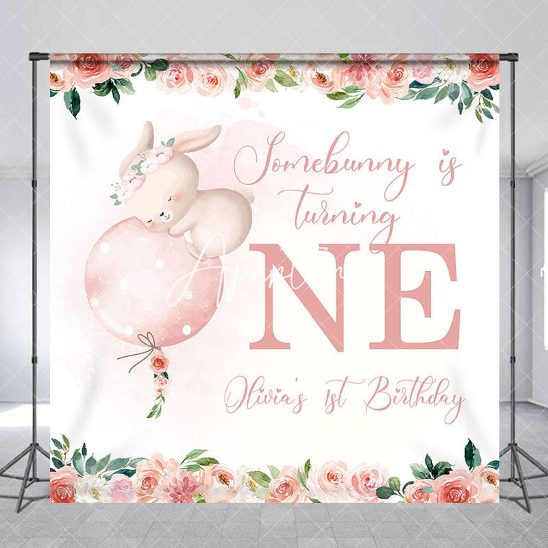 Aperturee - Aperturee Floral Somebunny Custom Name 1st Birthday Backdrop