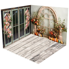 Aperturee - Aperturee Floral Spring Wooden Room Set Backdrops for Photo