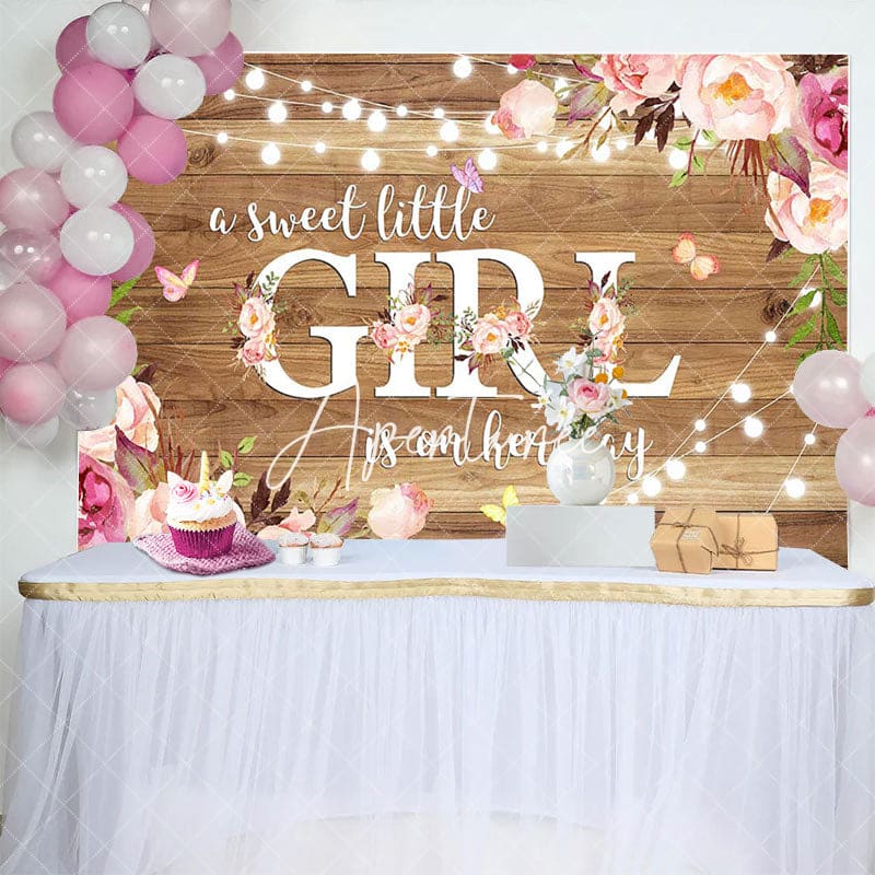 Aperturee - Aperturee Floral Sweet Little Girl Wooden Baby Shower Backdrop