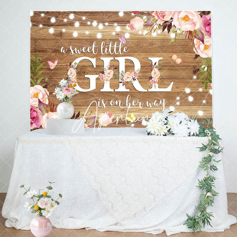 Aperturee - Aperturee Floral Sweet Little Girl Wooden Baby Shower Backdrop