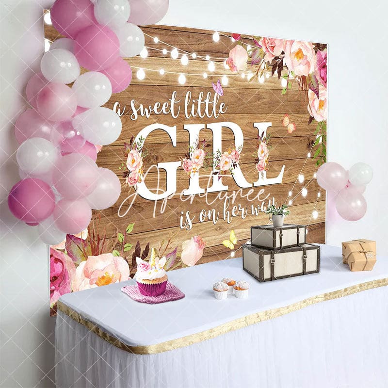 Aperturee - Aperturee Floral Sweet Little Girl Wooden Baby Shower Backdrop