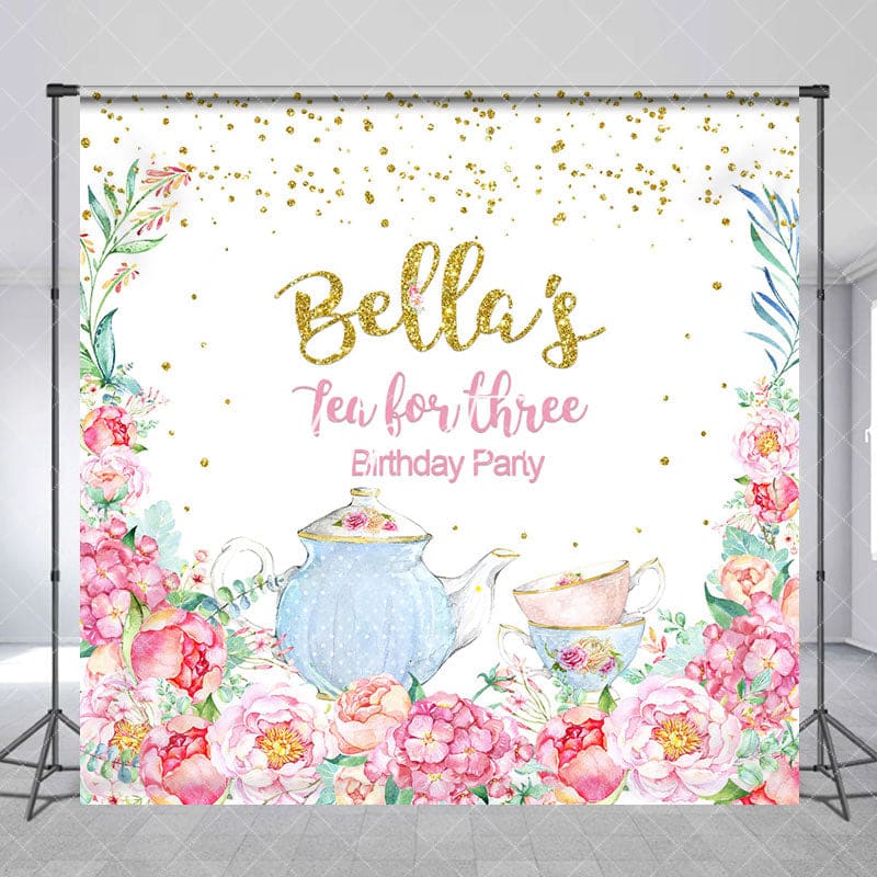 Aperturee - Aperturee Floral Tea For Three Custom Name Birthday Backdrop