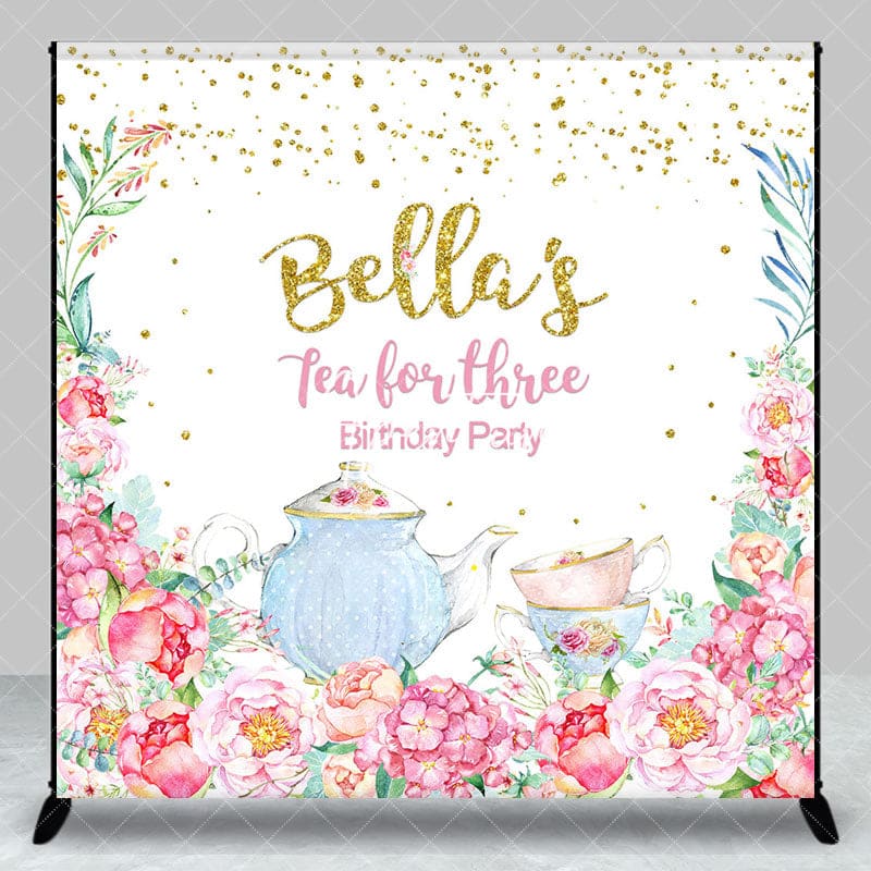 Aperturee - Aperturee Floral Tea For Three Custom Name Birthday Backdrop