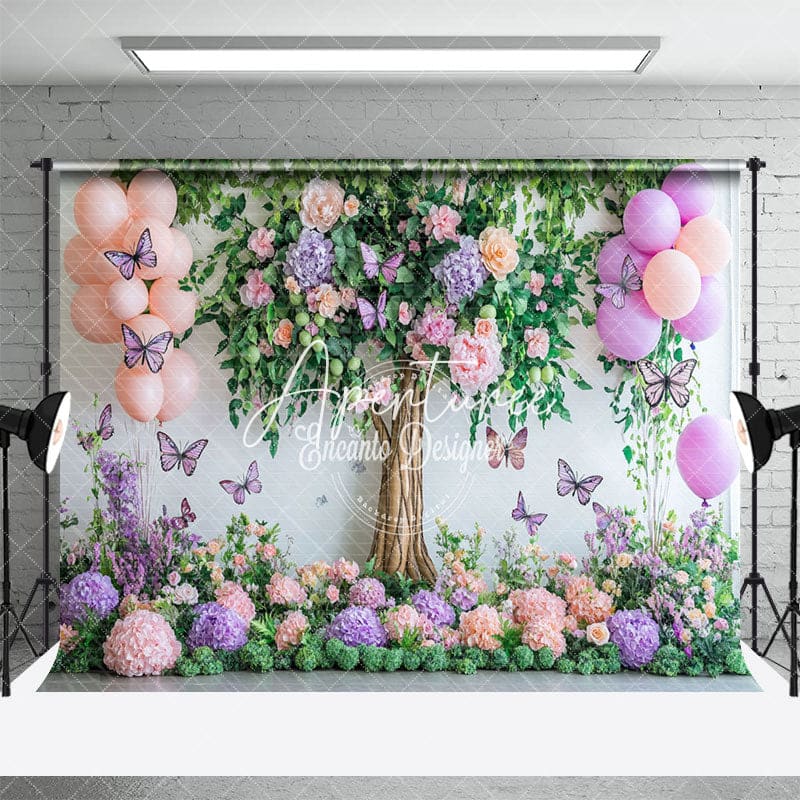 Aperturee - Aperturee Floral Tree Butterfly Balloon Cake Smash Backdrop