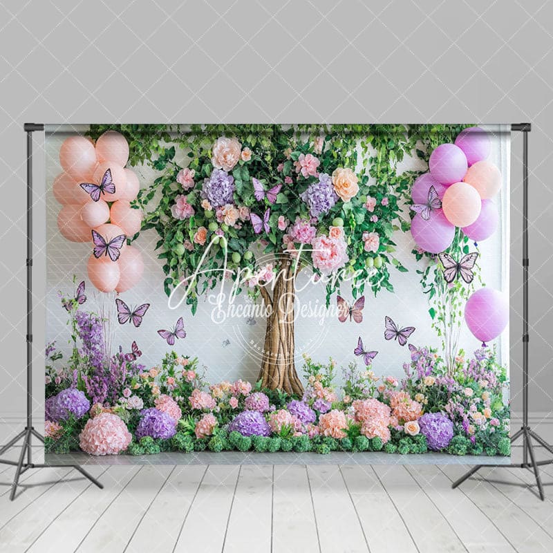 Aperturee - Aperturee Floral Tree Butterfly Balloon Cake Smash Backdrop