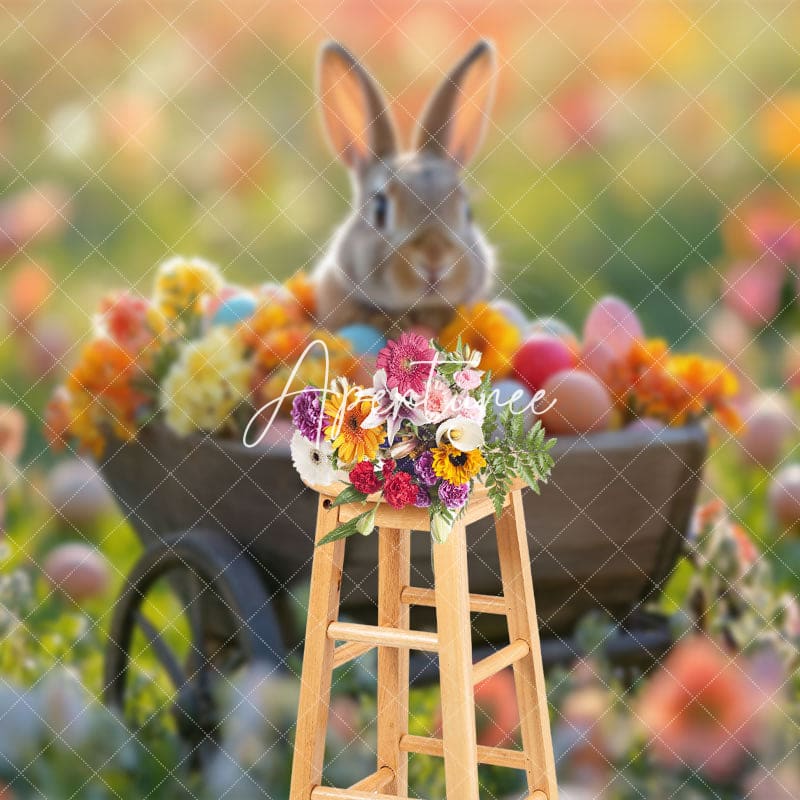 Aperturee - Aperturee Floral Wooden Truck With Bunny Bokeh Easter Backdrop