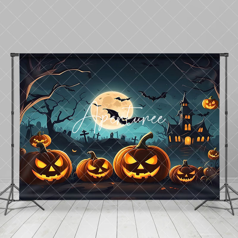 Aperturee - Aperturee Flying Bat Pumpkin Grave Forest Halloween Backdrop