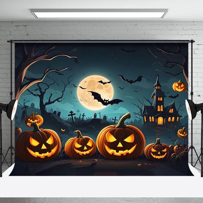 Aperturee - Aperturee Flying Bat Pumpkin Grave Forest Halloween Backdrop