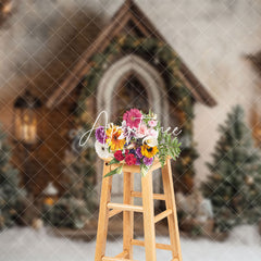 Aperturee - Aperturee Forest Cabin Trees Winter Christmas Scene Photo Backdrop