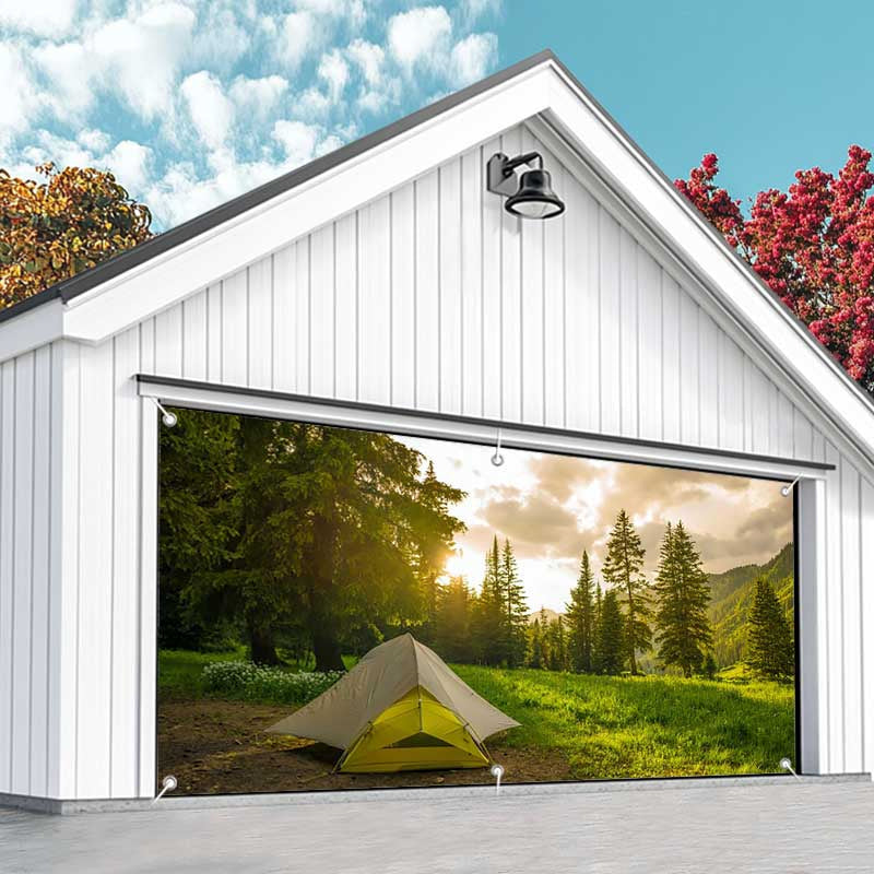 Aperturee - Aperturee Forest Mountain Grass Camping Time Garage Door Banner