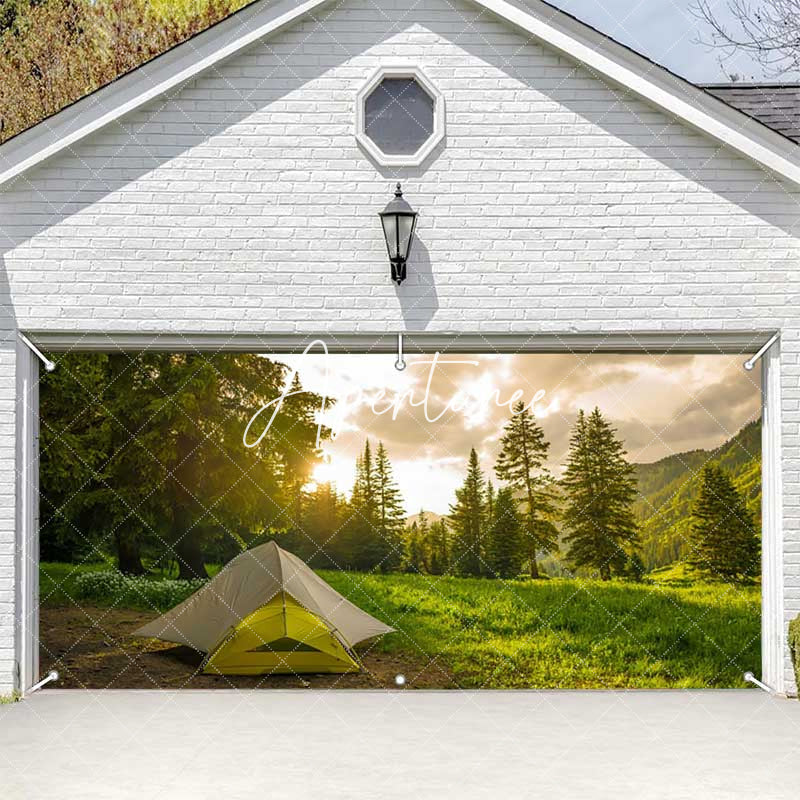 Aperturee - Aperturee Forest Mountain Grass Camping Time Garage Door Banner