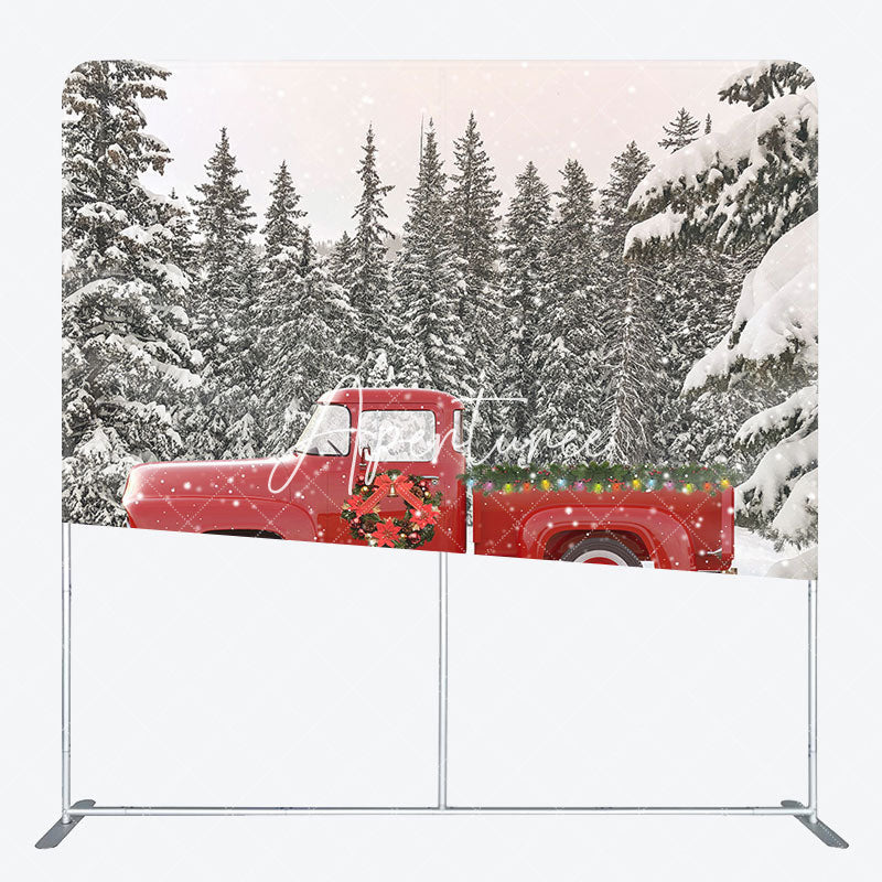 Aperturee - Aperturee Forest Red Truck Christmas Tension Fabric Backdrop