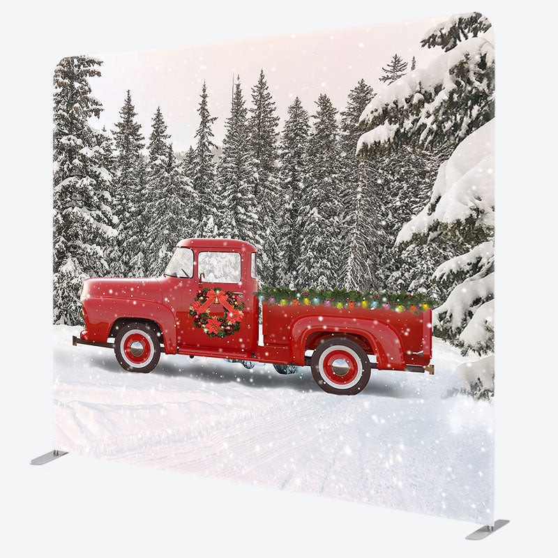 Aperturee - Aperturee Forest Red Truck Christmas Tension Fabric Backdrop