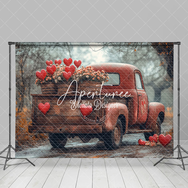 Aperturee - Aperturee Forest Road Retro Red Truck Floral Hearts Backdrop