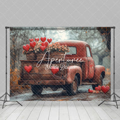 Aperturee - Aperturee Forest Road Retro Red Truck Floral Hearts Backdrop