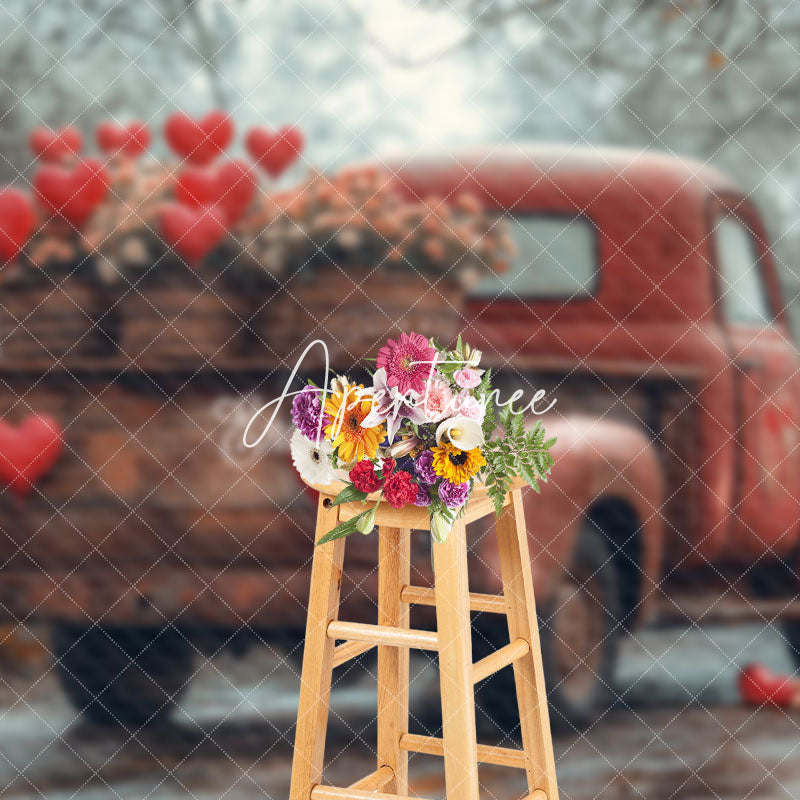 Aperturee - Aperturee Forest Road Retro Red Truck Floral Hearts Backdrop