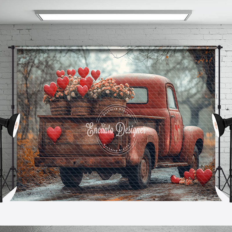 Aperturee - Aperturee Forest Road Retro Red Truck Floral Hearts Backdrop