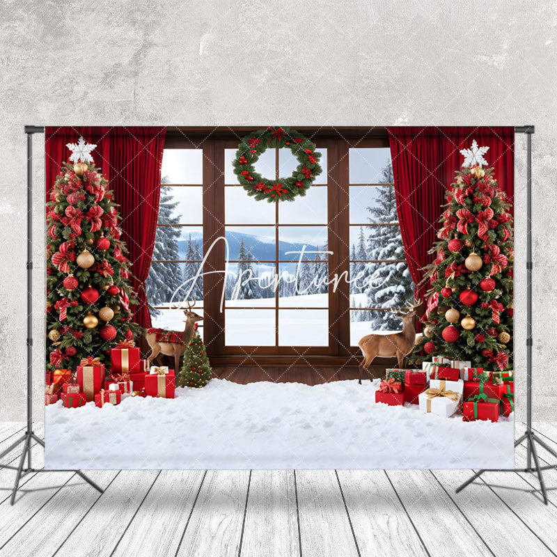 Aperturee - Aperturee Forest Window Scene Red Curtain Christmas Backdrop