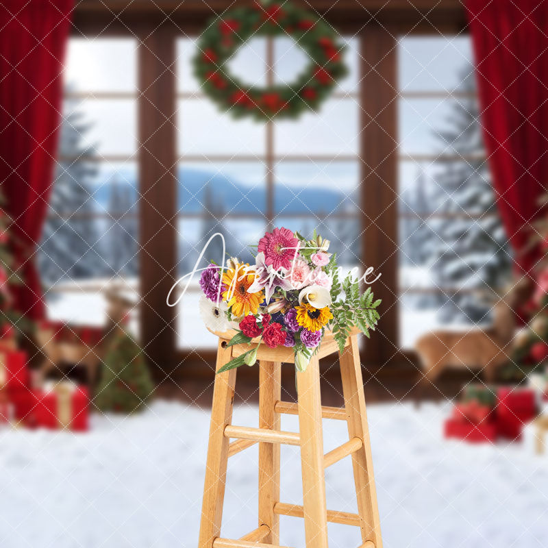 Aperturee - Aperturee Forest Window Scene Red Curtain Christmas Backdrop