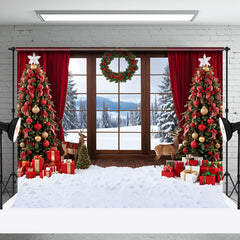 Aperturee - Aperturee Forest Window Scene Red Curtain Christmas Backdrop