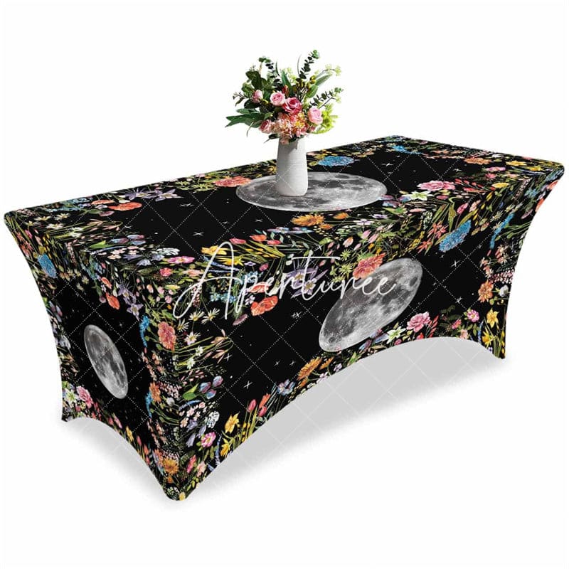 Aperturee - Aperturee Full Moon Plant Border Black Stretch Table Cover