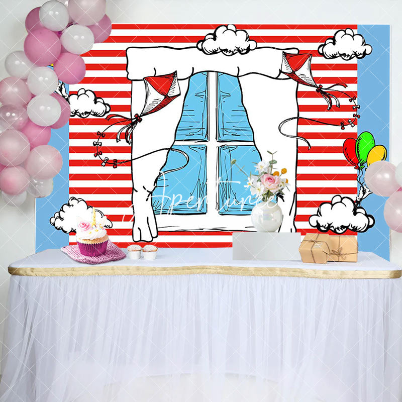 Aperturee - Aperturee Funny Blue Red Stripe Window Kite Birthday Backdrop