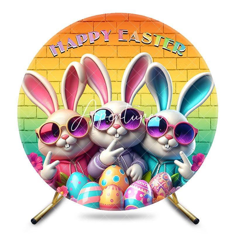 Aperturee - Aperturee Funny Bunny Colorful Brick Wall Round Easter Backdrop