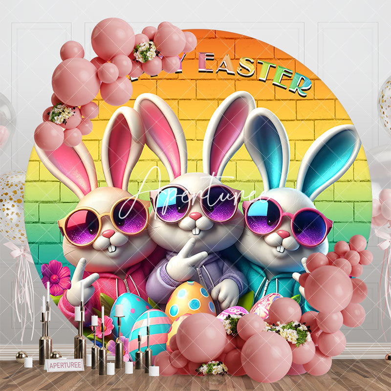 Aperturee - Aperturee Funny Bunny Colorful Brick Wall Round Easter Backdrop