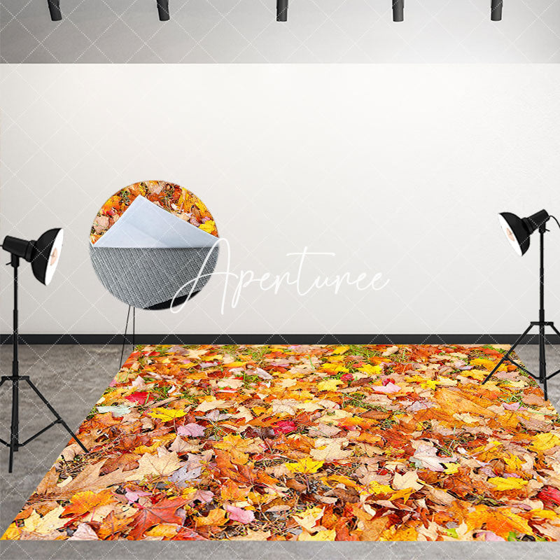 Aperturee - Aperturee Garden Grass Autumn Maple Leaf Fabric Floor Backdrop