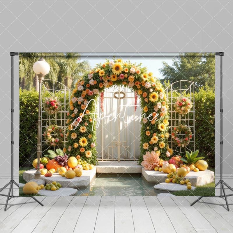 Aperturee - Aperturee Garland Arch Green Door Fruit Photo Backdrop