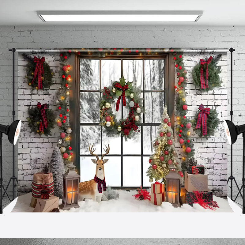 Aperturee - Aperturee Garland Decorated Window Christmas Photo Backdrop