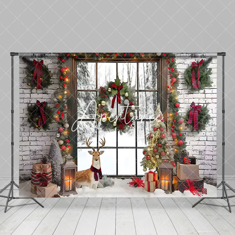 Aperturee - Aperturee Garland Decorated Window Christmas Photo Backdrop