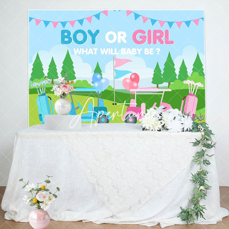 Aperturee - Aperturee Gender Reveal Golf Course Scene Blue Pink Backdrop