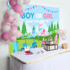 Aperturee - Aperturee Gender Reveal Golf Course Scene Blue Pink Backdrop