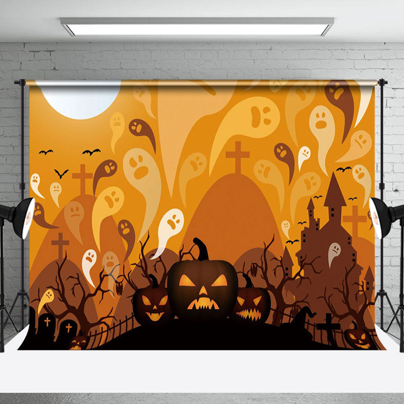 Aperturee - Aperturee Ghostly Cemetery Pumpkins Haunted Halloween Backdrop