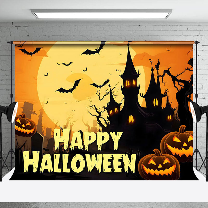 Aperturee - Aperturee Giant Moon Castle Pumpkin Happy Halloween Backdrop