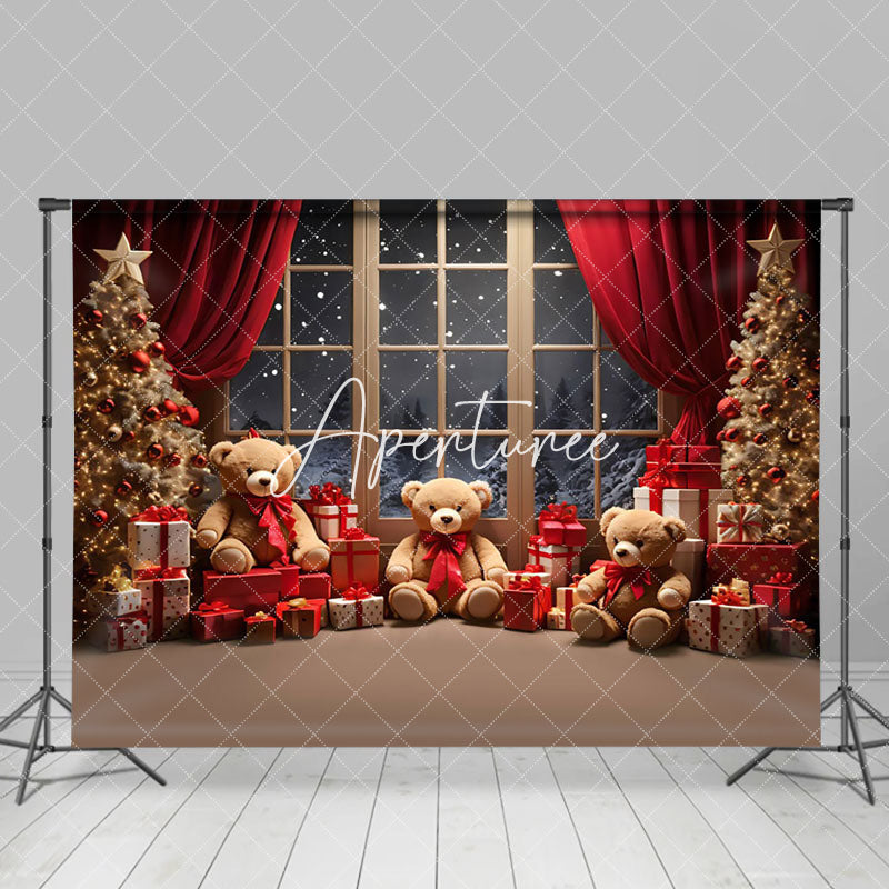 Aperturee - Aperturee Gift Teddy Bear Tree Window Night Snow Xmas Backdrop