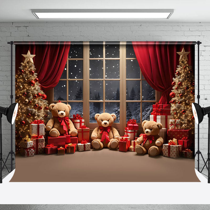 Aperturee - Aperturee Gift Teddy Bear Tree Window Night Snow Xmas Backdrop