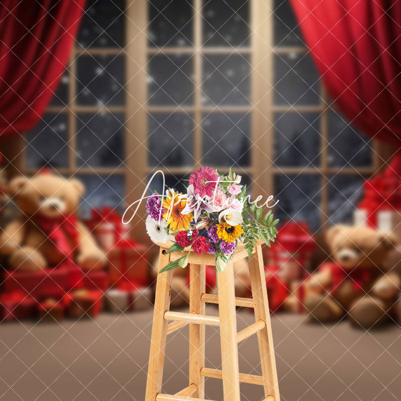 Aperturee - Aperturee Gift Teddy Bear Tree Window Night Snow Xmas Backdrop