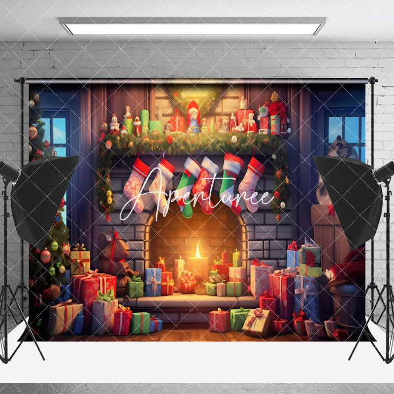 Aperturee - Aperturee Gift Trees Hanging Sock Fireplace Christmas Backdrop