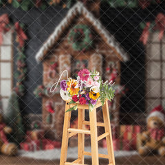 Aperturee - Aperturee Gingerbread House Bear Bow Christmas Photo Backdrop