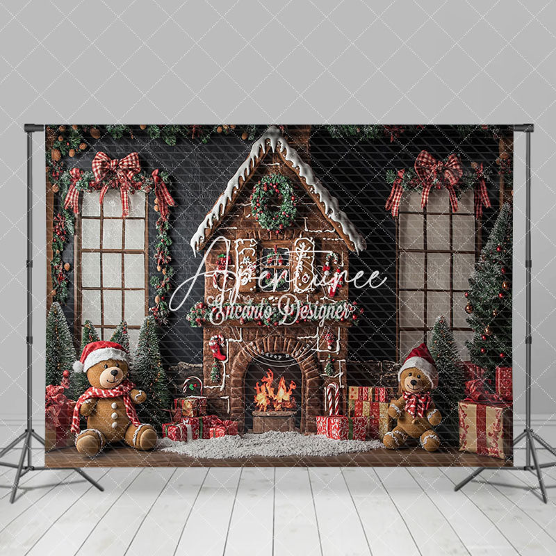 Aperturee - Aperturee Gingerbread House Bear Bow Christmas Photo Backdrop